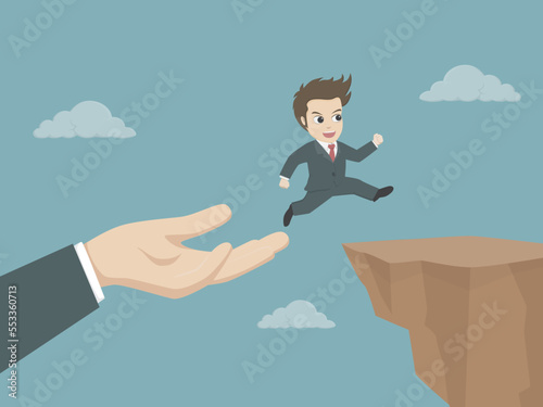 Businessman running and jump from the hand of partnership go to the cliff.Vector illustration for business risk, help and support concepts.
