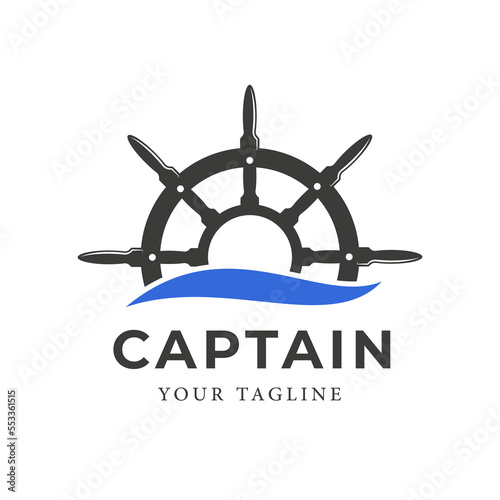 Ship steering wheel design illustration with ocean waves can be used for sailing ship logo, Wave Symbol
