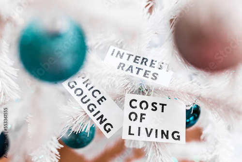 Inflation Cost of Living and Price Gouging text on the Christmas tree, post pandemic economy in witner 2022 photo