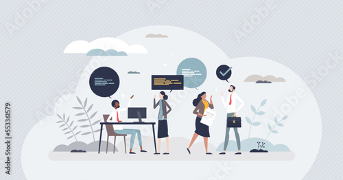 Interpersonal skills as ability to communicate and talk tiny person concept. Workplace soft skill for professional collaboration and interaction with colleagues vector illustration. Speaking at work.