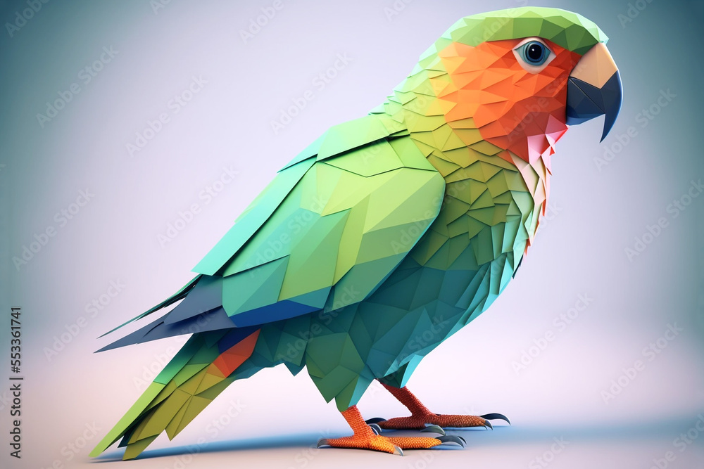 Obraz premium Colorful closeup of a parrot, created as a low polygon count illustration. Generative AI