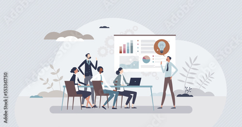 Learning business fundamentals from company expert coach tiny person concept. Market analysis in businessman school with mentor advice and consultation vector illustration. Profit and market teaching.