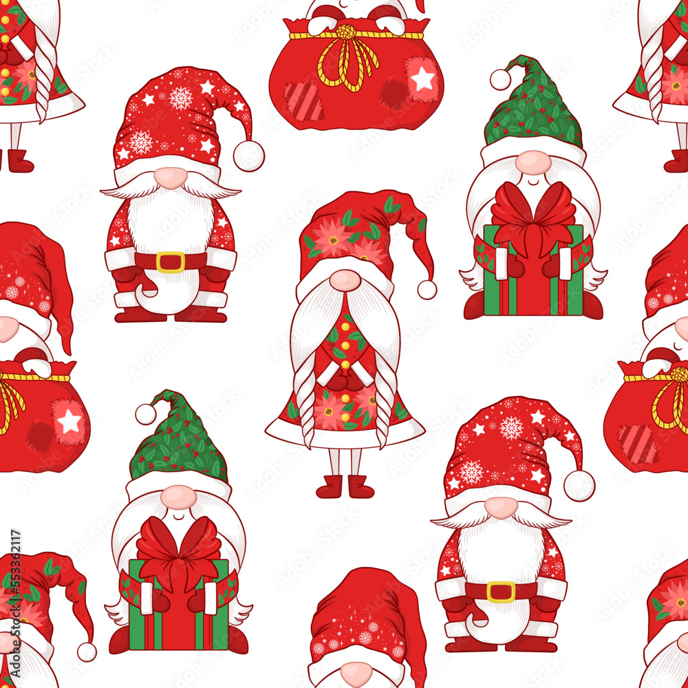 Merry Christmas Seamless vector pattern with cute hand drawn gnomes, Christmas trees and decorations isolated on white background. Illustration for print, wrapping paper, fabric, wallpaper, card