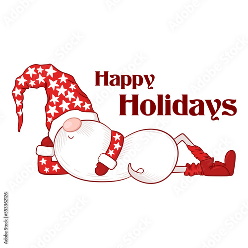 Merry Christmas vector card with cute hand drawn gnome and lettering Happy Holidays isolated on white background. Illustration for banner, greeting card, t-shirt print, decoration, gift tag