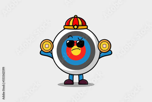 Cute cartoon Archery target chinese character holding coin in vector icon illustration