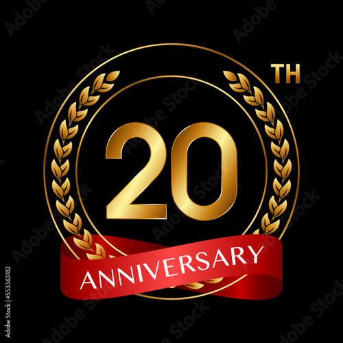 20th Anniversary. Anniversary Logo Design with Laurel Wreath and Red Ribbon for Celebration Event, Wedding, Invitation, Greeting Card. Logo Vector Illustration