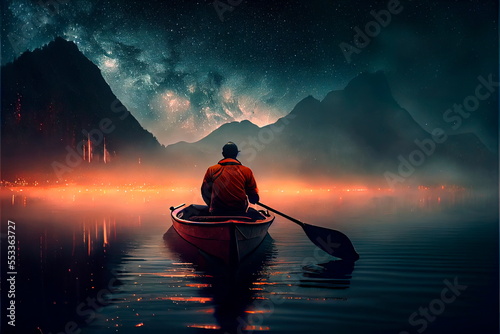 Man in boat in the ocean. Seascape. Starry night, clouds, a large growing shining moon.