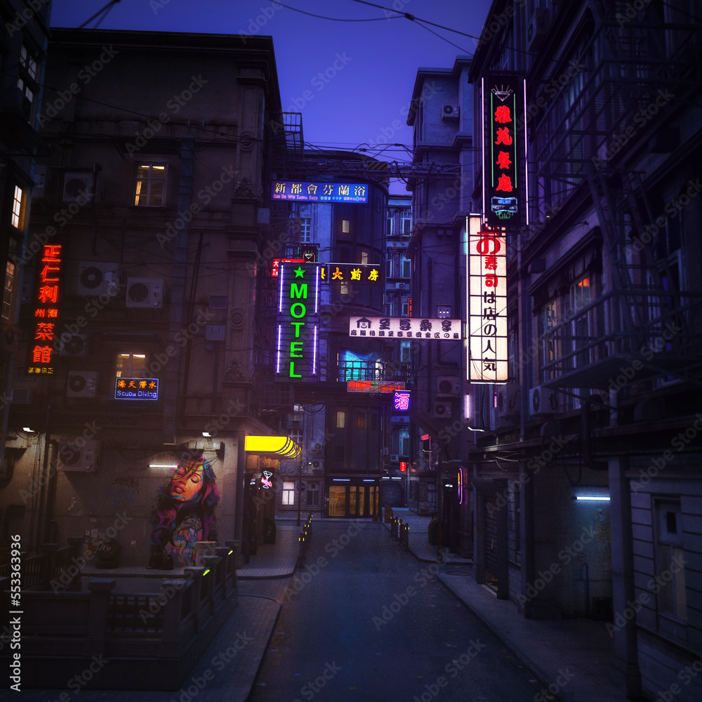 Futuristic Street at Night. 3D Render