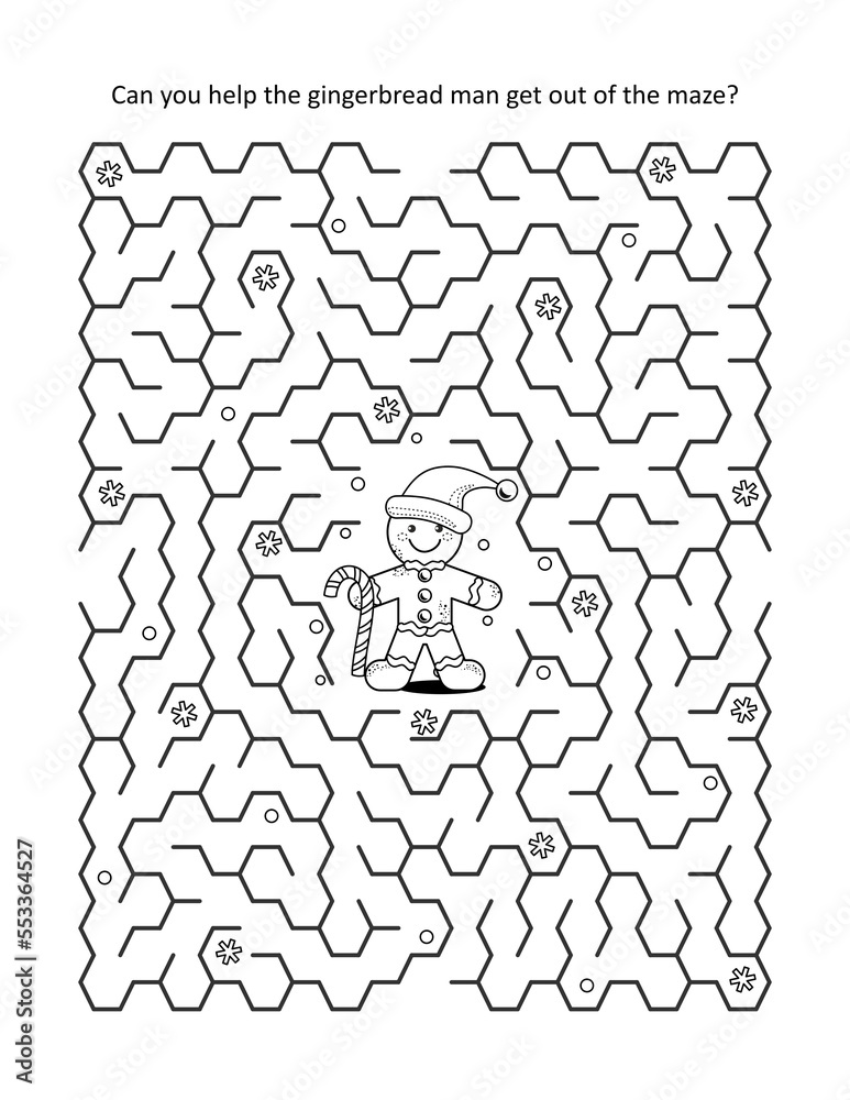 Maze game and coloring page for kids: Help the gingerbread man get out ...