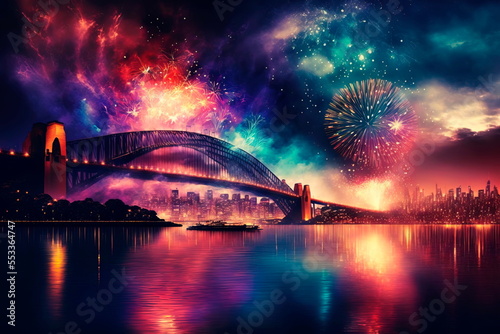 Brightly colorful fireworks in the night city