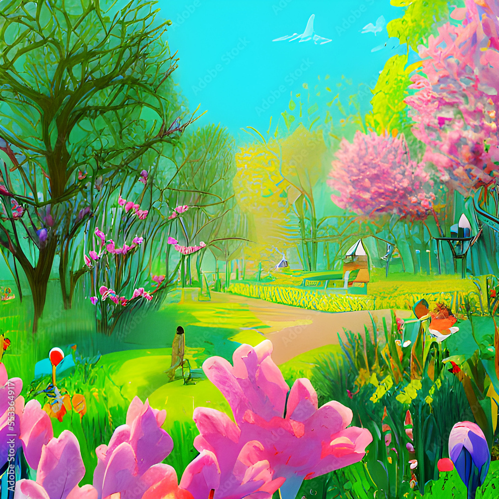 Morning Flower Park - Cartoon Landscape Art
