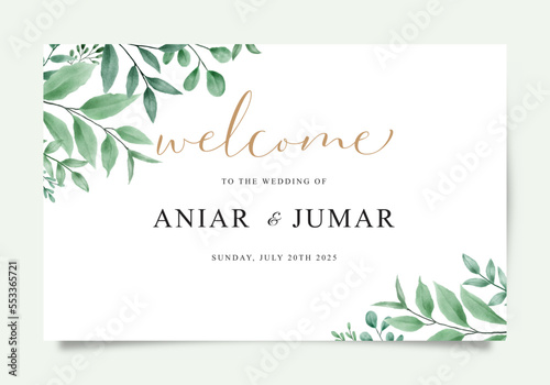 Elegant welcome wedding sign card template set with watercolor greenery