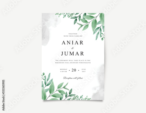 Wedding card template with beautiful watercolor leaves