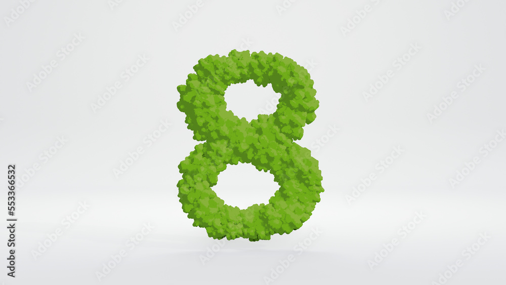 3D illustration of number eight. Cute green bush cartoon style, isolated on white background with clipping path 3D illustration of number eight. Cute green bush cartoon style, isolated on white background with clipping path