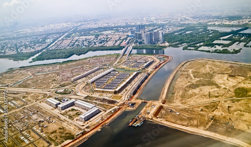 Aerial view of the island reclamation project in Jakarta Bay