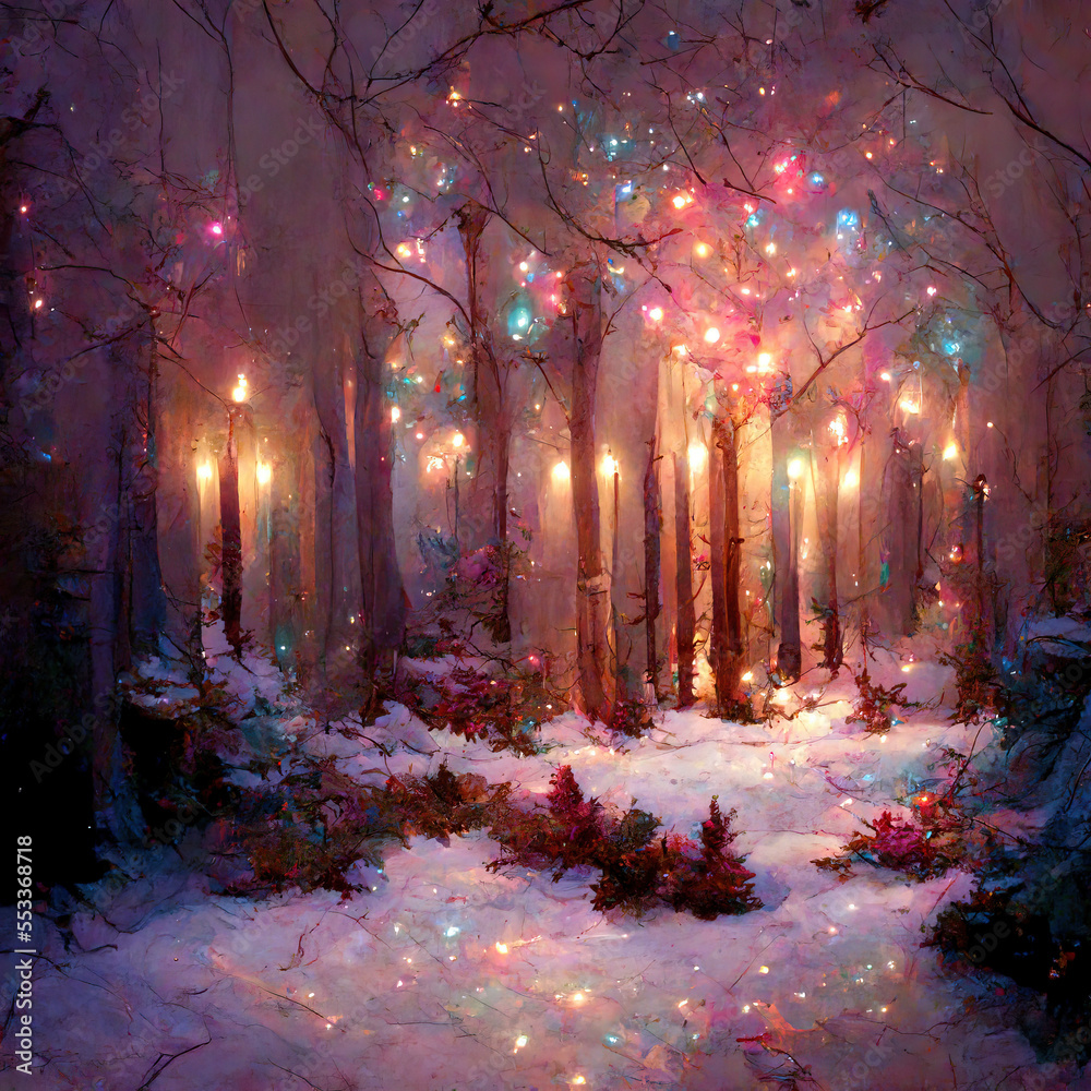 Fairy forest in winter night with magic lights. Ai generated art
