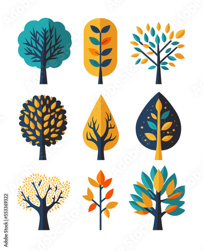 Set of vector cartoon illustrated trees, bundle of colorful trees with yellow, green, blue, orange yellow, funky and fun foliage