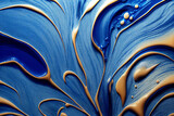 Abstract fluid acrylic painting. Marbled blue abstract background. Liquid marble pattern. painted background with mixed liquid blue and golden paints. 