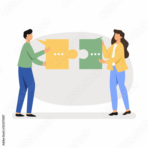 Man and woman connect two puzzles. Employees of company. Compatibility, relationships and friendship.