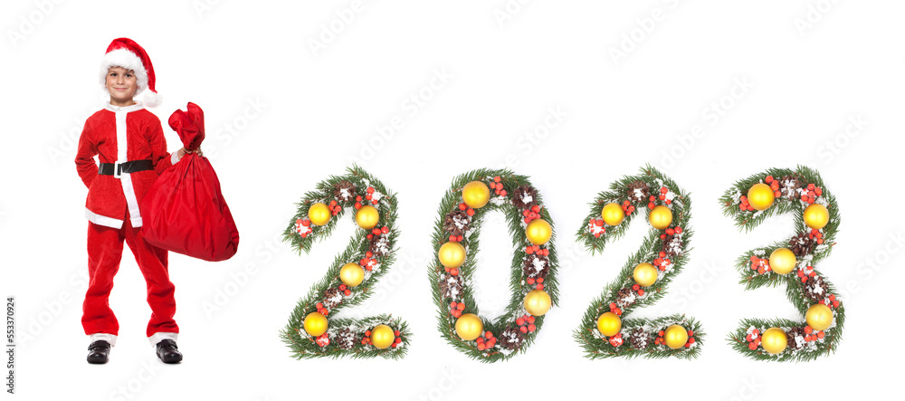 Santa Claus holds sack and 2023 number Santa Claus holds sack and 2023 number