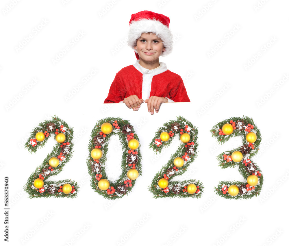 Santa Claus holds christmas poster and 2023 number Santa Claus holds christmas poster and 2023 number