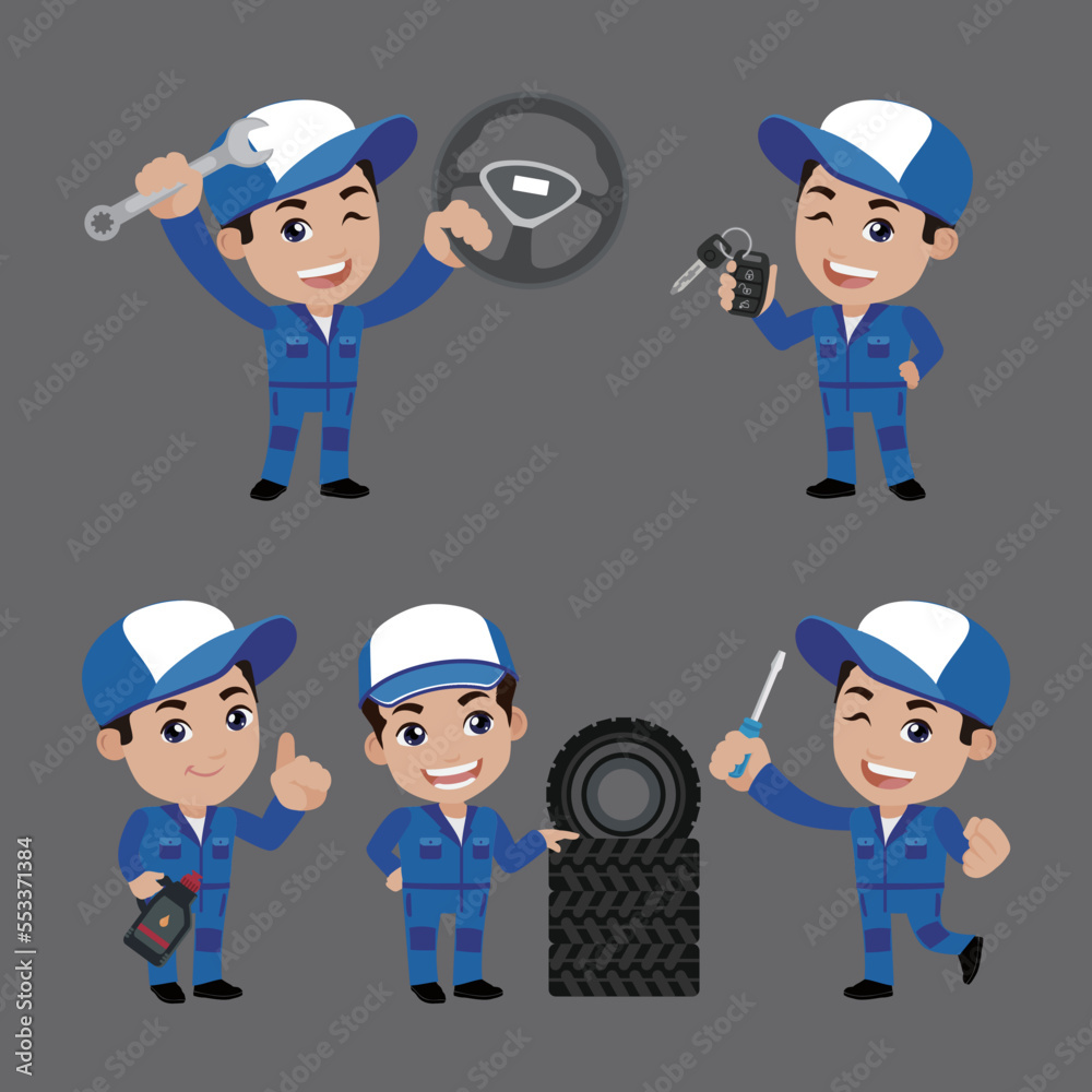 Set of technician with different poses