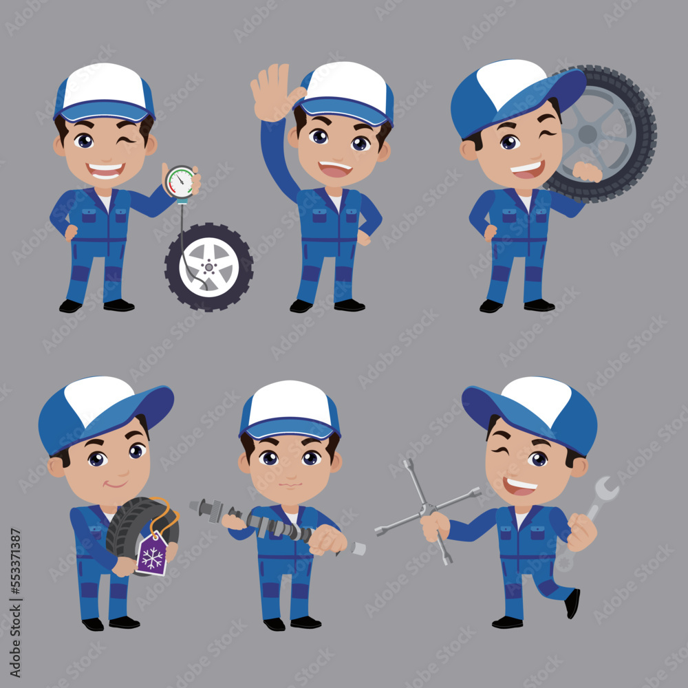 Set of technician with different poses