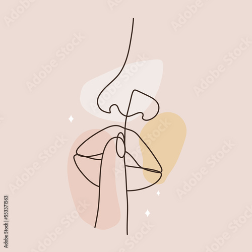 Linear woman lips. Permanent makeup and microblading. Mouth and nose icon on colored spots. Abstract minimalistic female portrait. Modern vector illustration.