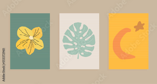 abstract mid-century modern vector wall-art set with crescent moon, tropical flower, leaf monstera 