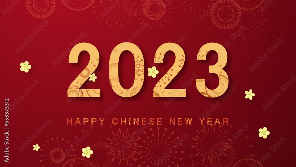 Chinese new year 2023 year of the rabbit. Chinese New Year background with golden fireworks on red background.3d rendering Seamless Loop. Chinese new year 2023 year of the rabbit. Chinese New Year background with golden fireworks on red background.3d rendering Seamless Loop.