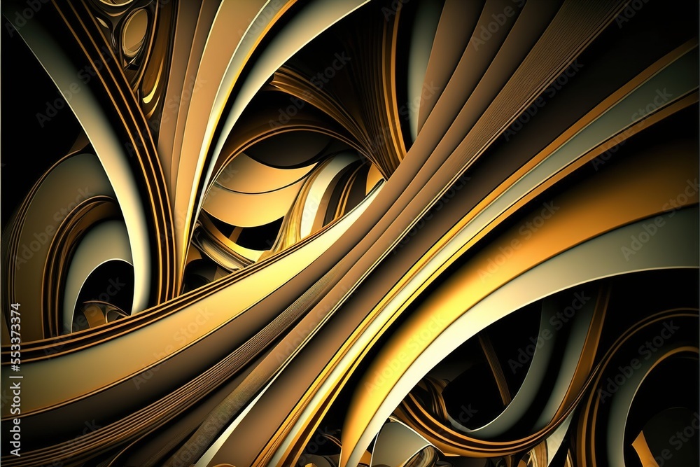 a computer generated image of a gold and black background with curves ...