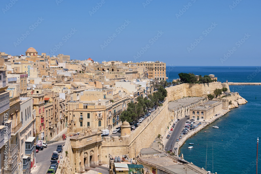 Panoramic view of the Grand Harbour and the fortified walls from the Upper Barrakka Gardens - Valletta, Malta