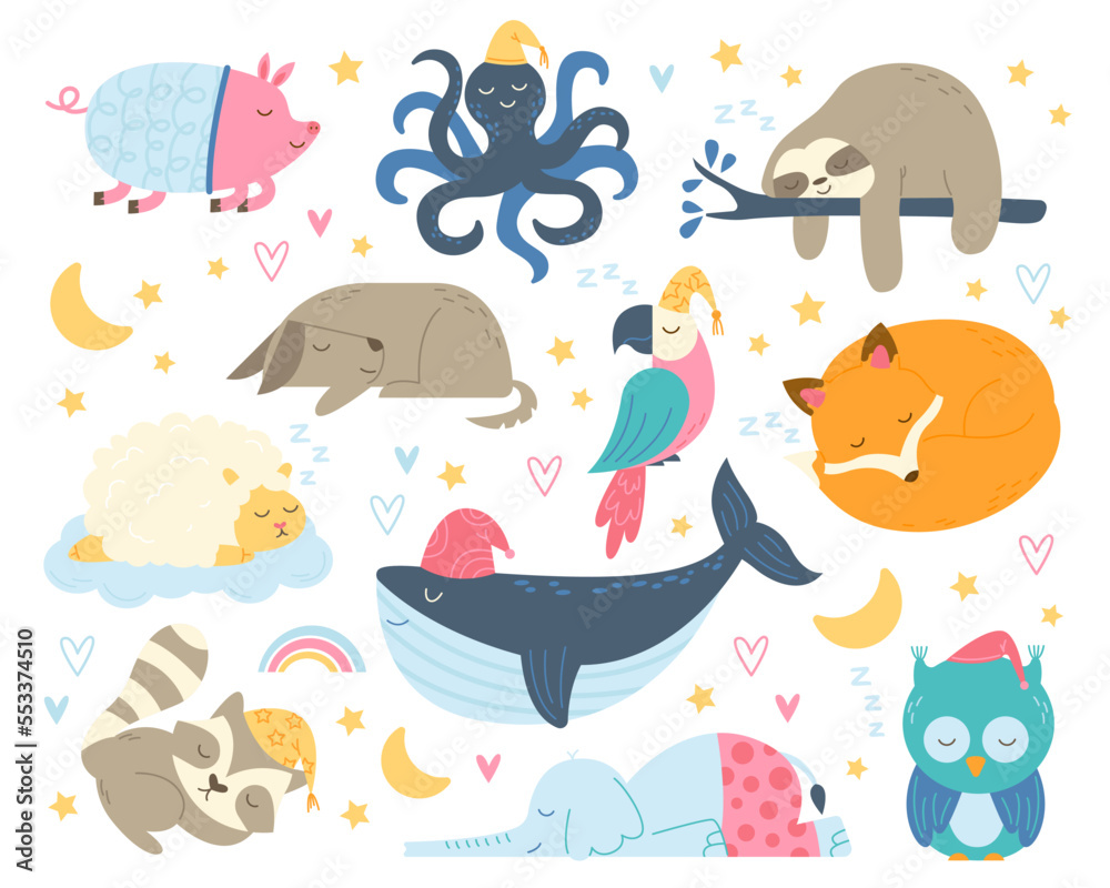 Naklejka premium Cute sleeping animals flat icons set. Funny owl, parrot, octopus, raccoon and pig in pajamas. Dreaming at night