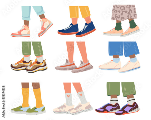 Legs in sneakers flat icons set. Trendy colorful shoes. Athletic shoes for trainings and walking