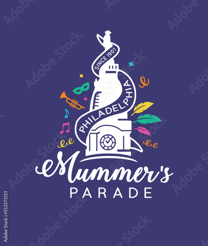VECTORS. Illustration for Mummer's Parade in Philadeladelphia, January, New year celebration, City hall, tradition, logo photo