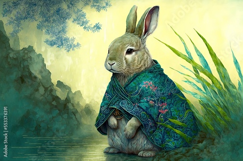 chinese jade rabbit by the pond in a chinese garden, cute bunny, Year of the Rabbit, generative AI