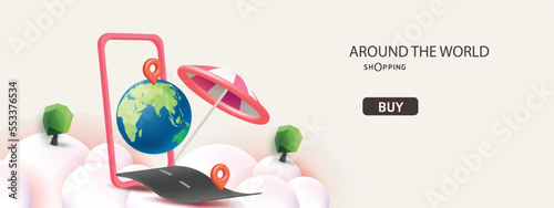 travel around the world online shopping on phone buy sell business digital  web banner application money advertising payment ecommerce vector illustration search
