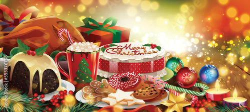 christmas feast and dessert background concep
