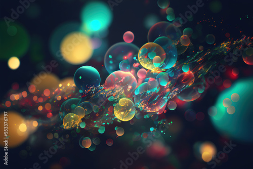 Abstract Multi colored particles with bokeh effect background, Generative AI