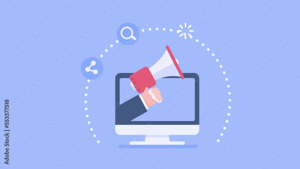 businessman hand holding broadcasting megaphone protruding from the computer screen online marketing ideas