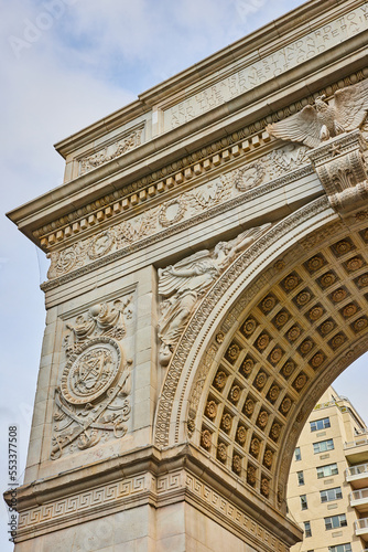 Detail of top corner of limestone Washington Square Park arch in New York City © Nicholas J. Klein