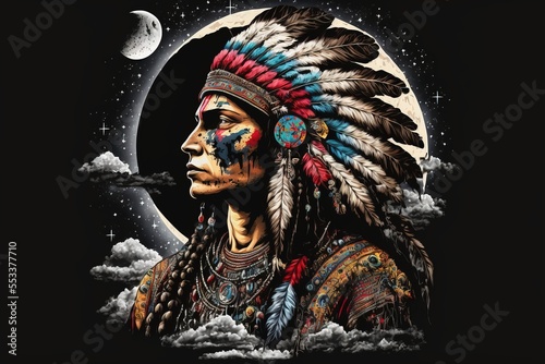 Portrait American Indians, Moon, cloud, Fictional character, Generative AI. photo