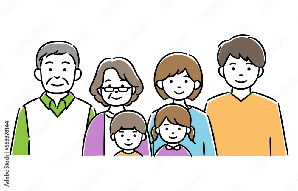 家族（シニア男女と若い男女と男女の子供）のシンプルイラスト