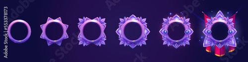 Luxury frames for game ranking badges. Empty round avatars frames with fantasy medieval borders with red pennants isolated on background, vector cartoon set