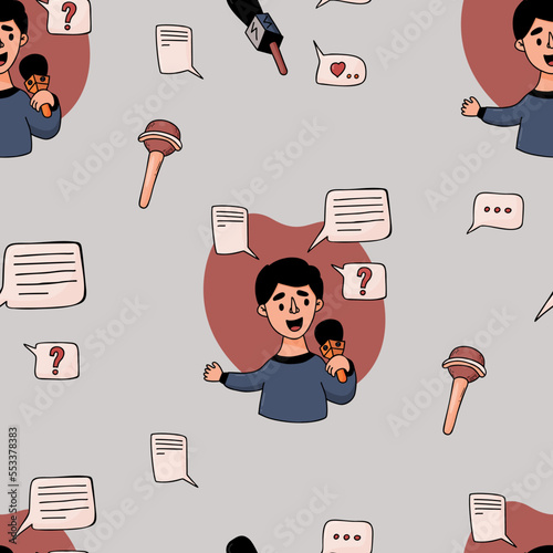 Seamless pattern profession journalism. Male journalist reporter with microphone on gray background with online messages and text bubbles. Vector illustration