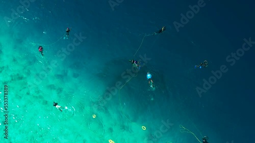 Fishermen divers set up fishing nets in the turquoise sea to catch fish on local island Ukhulas in Maldives. Aerial drone view on top. photo