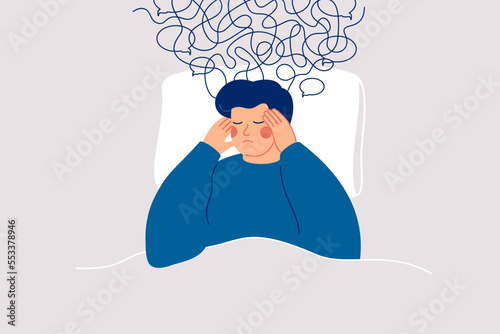 Sad man experiences anxious intrusive thoughts in bedtime and can't sleep. Сloud of thoughts hung over the man lying in bed. Sleep disorders and anxiety concept. Vector illustration
