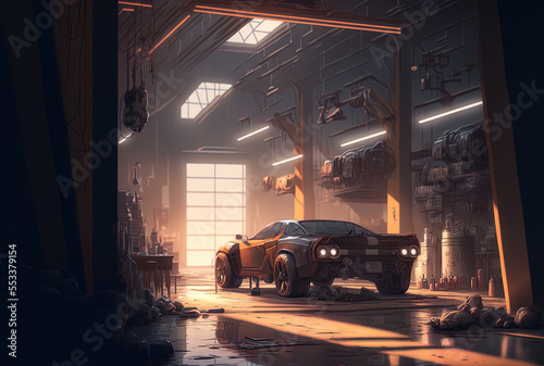 Auto maintenance facility in the backdrop with soft focus and excessive lighting. Generative AI