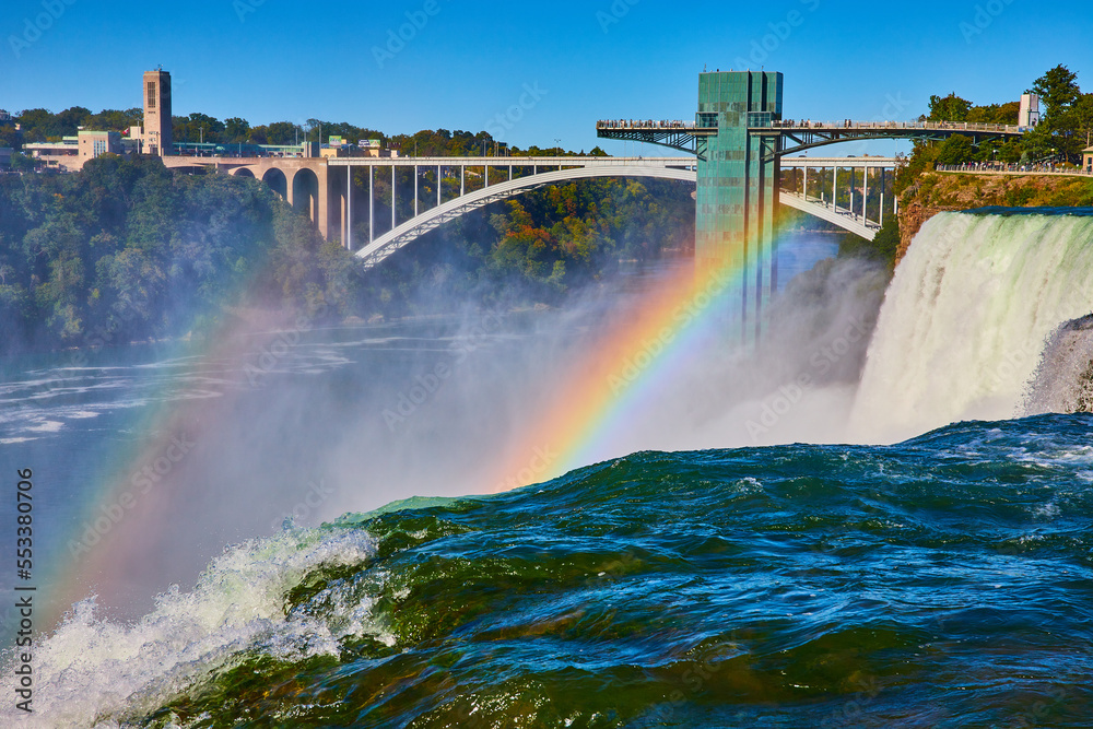 Niagara Falls double rainbow over American Falls and Rainbow Bridge leading to Canada Niagara Falls double rainbow over American Falls and Rainbow Bridge leading to Canada