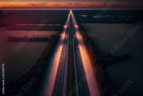 Aerial shot of vacant intercity road at twilight. aerial picture of a motorway in the twilight. Generative AI